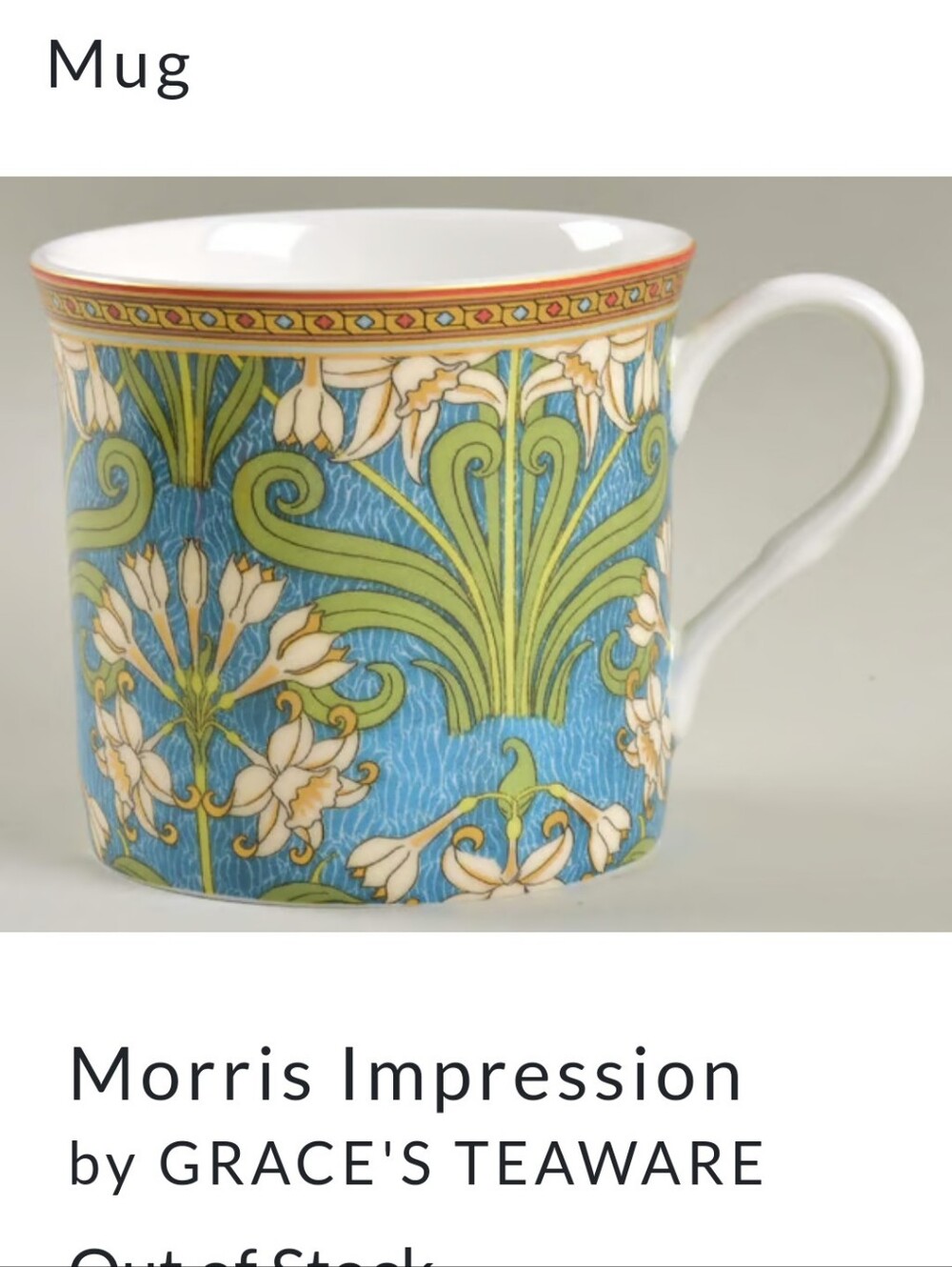 Bone China Mug MORRIS COLLECTION  by Grace"s Teaware
